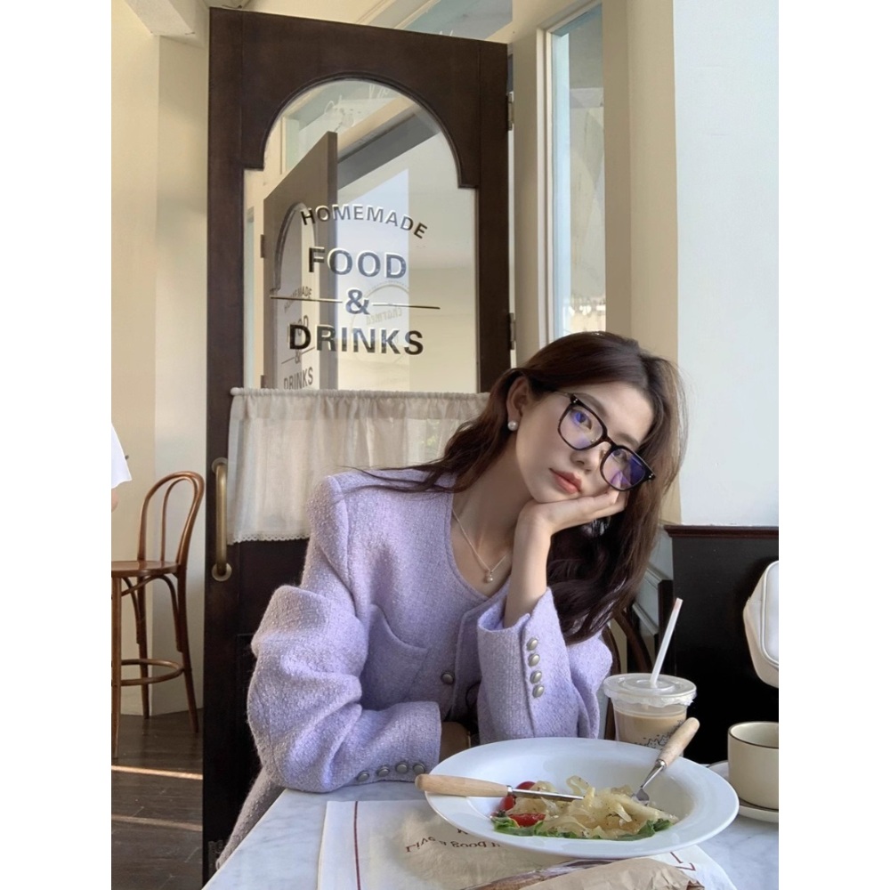 노카라 은장 단추 파스텔 옐로우 퍼플 트위드 자켓 봄가을 하객룩 패션 - 상세 이미지 3