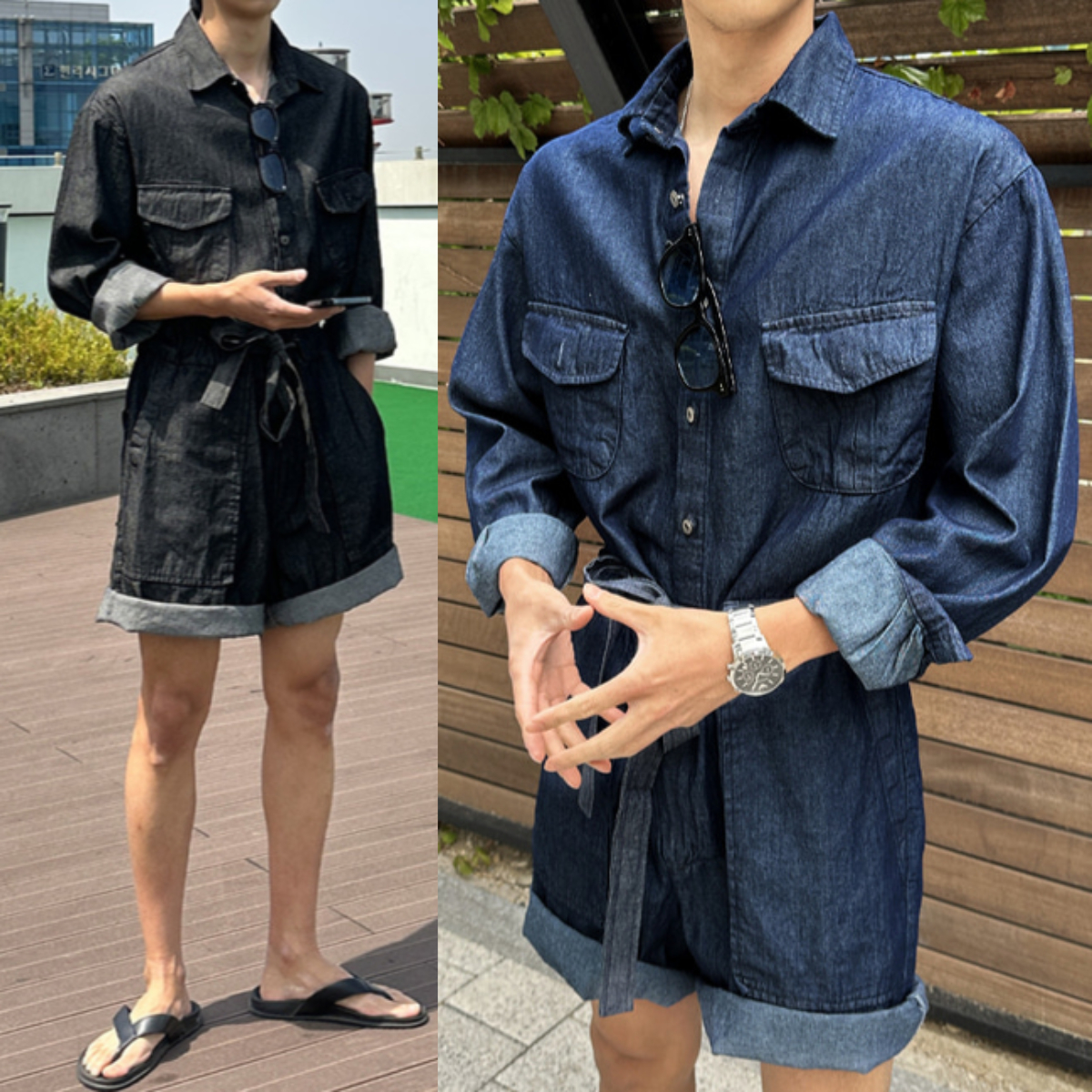남자 커플 공용 놀란 봄 여름 가을 데님 반바지 점프수트 - 메인 이미지