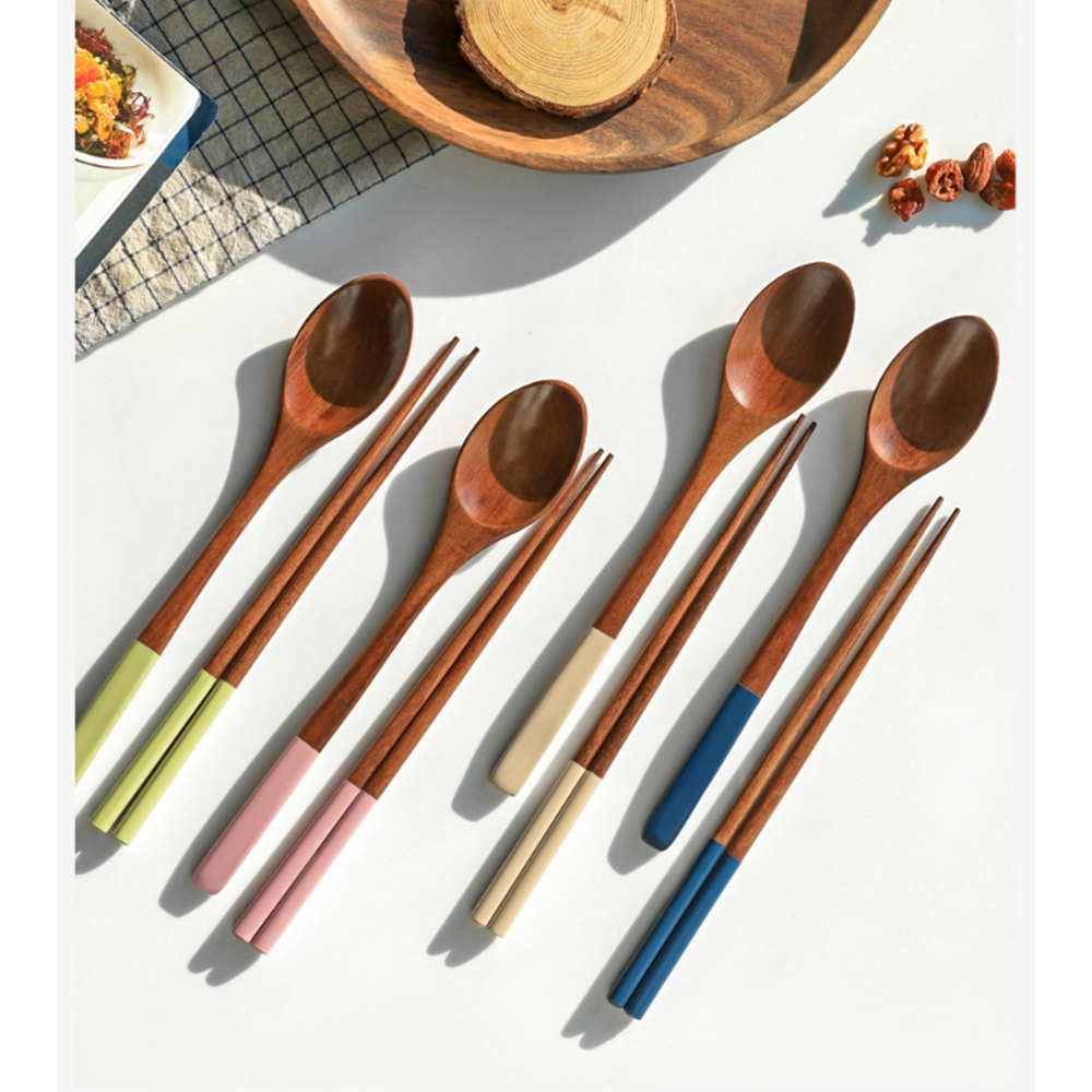 한식수저세트 4인 우드 원목 나무 숟가락 젓가락 커트러리