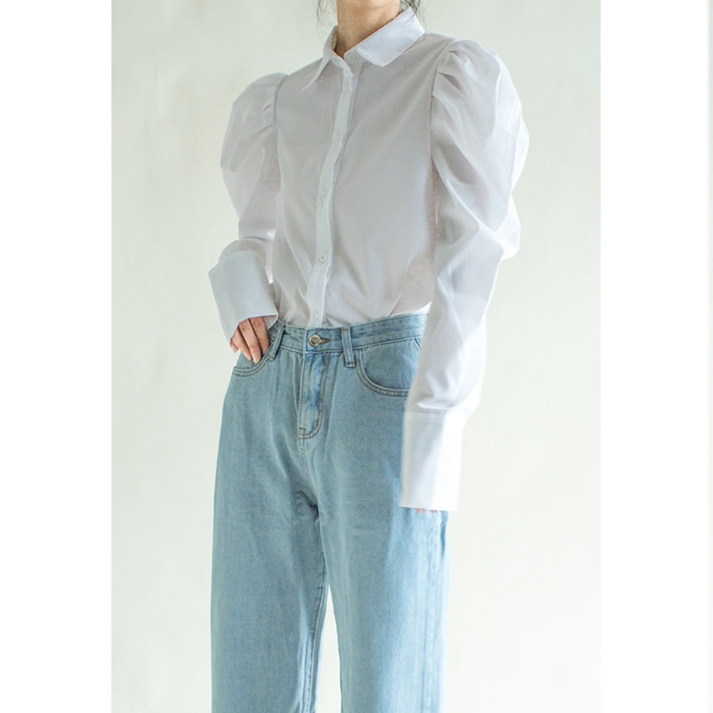 퍼프소매 긴팔 셔츠 화이트 흰색 블라우스 빈티지 레트로 비즈니스 캐주얼 - 상세 이미지 3