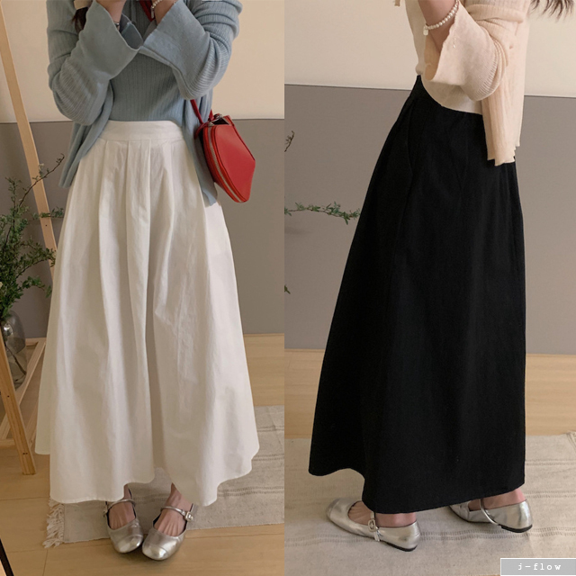 칼린 핀턱 주름 A라인 뒷밴딩 코튼 롱 스커트 4col 봄 여름 바스락 맥시 제이플로우 - 상품 이미지