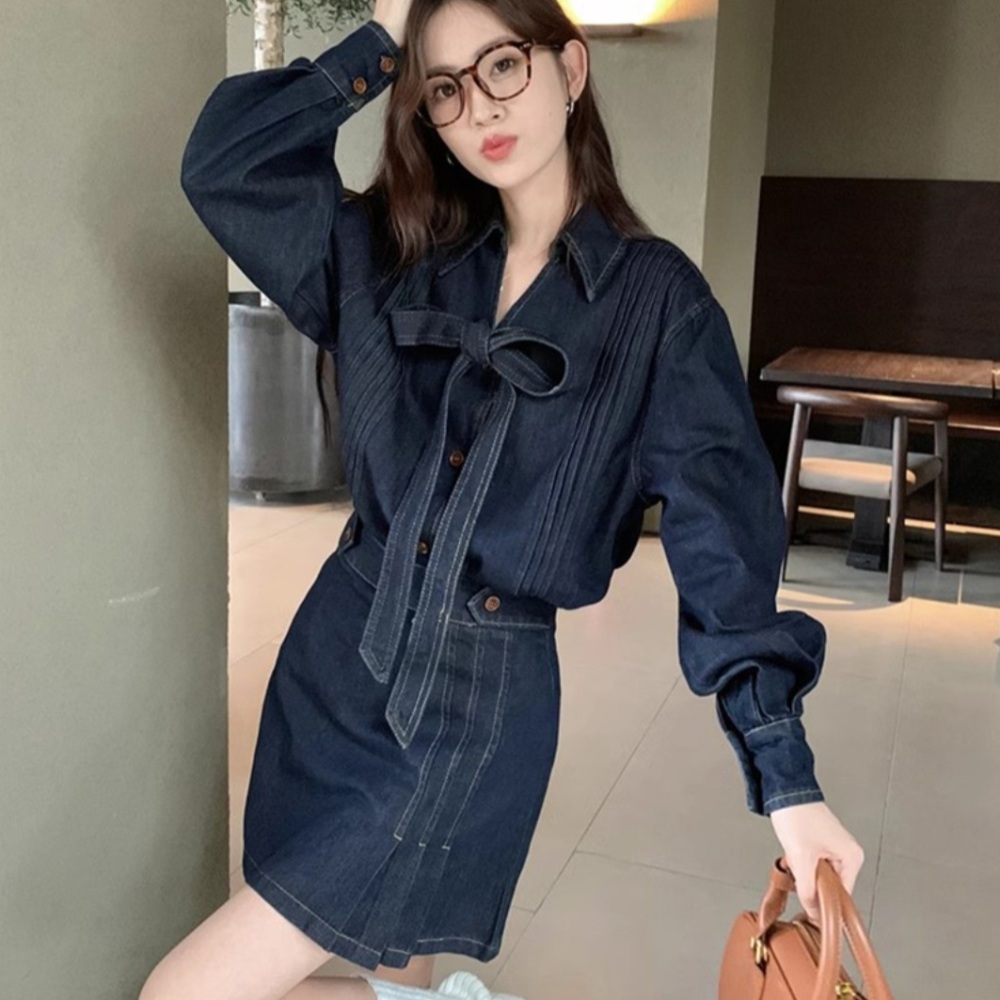 리본 데님 셔츠 브이넥 블라우스 청남방 타이리본 데일리 캐주얼 유니크 디자인 - 상세 이미지 4