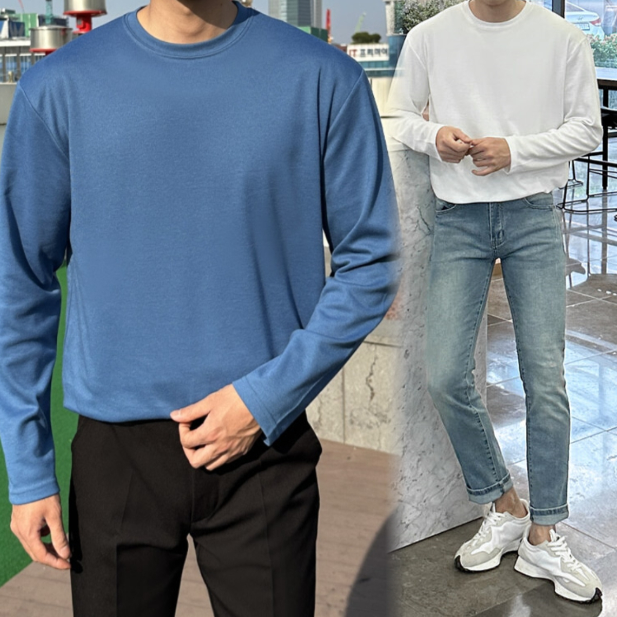 1+1 남자 토렐바 봄 가을 분또 면 무지 라운드 긴팔 티셔츠 8컬러