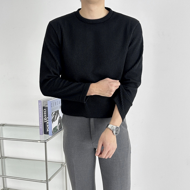 1+1 남자 오테로 봄 가을 골지 라운드 긴팔 티셔츠 빅사이즈 - 상세 이미지 3