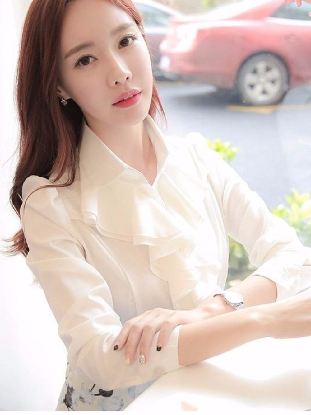 고급 러플 블라우스 긴팔 셔츠 화이트 퍼플 오피스룩 정장 출근 빅사이즈 5XL - 상세 이미지 3