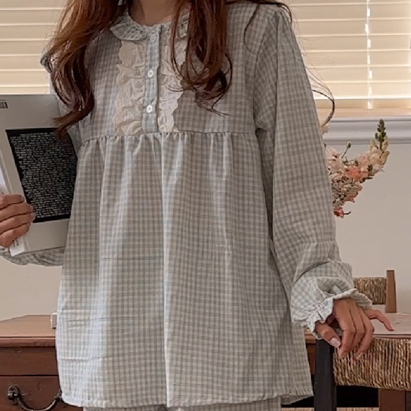 메릴 순면 체크잠옷 프릴 여성 남성 커플잠옷 봄 가을 사계절 긴팔 파자마 세트 홈웨어 2color 이미지 6