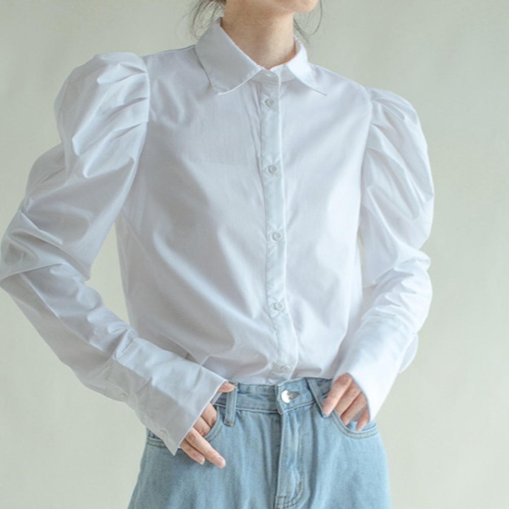 퍼프소매 긴팔 셔츠 화이트 흰색 블라우스 빈티지 레트로 비즈니스 캐주얼 - 상품 이미지
