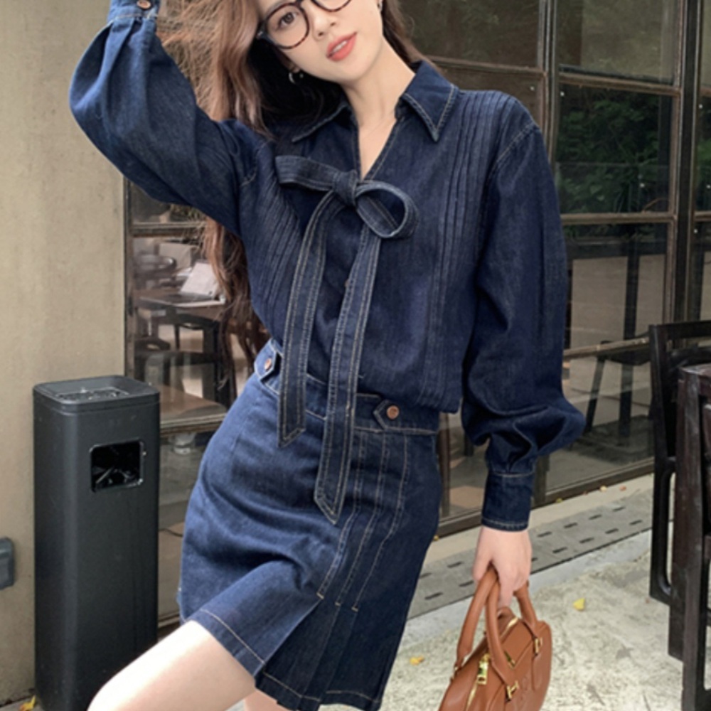 리본 데님 셔츠 브이넥 블라우스 청남방 타이리본 데일리 캐주얼 유니크 디자인 - 상세 이미지 2