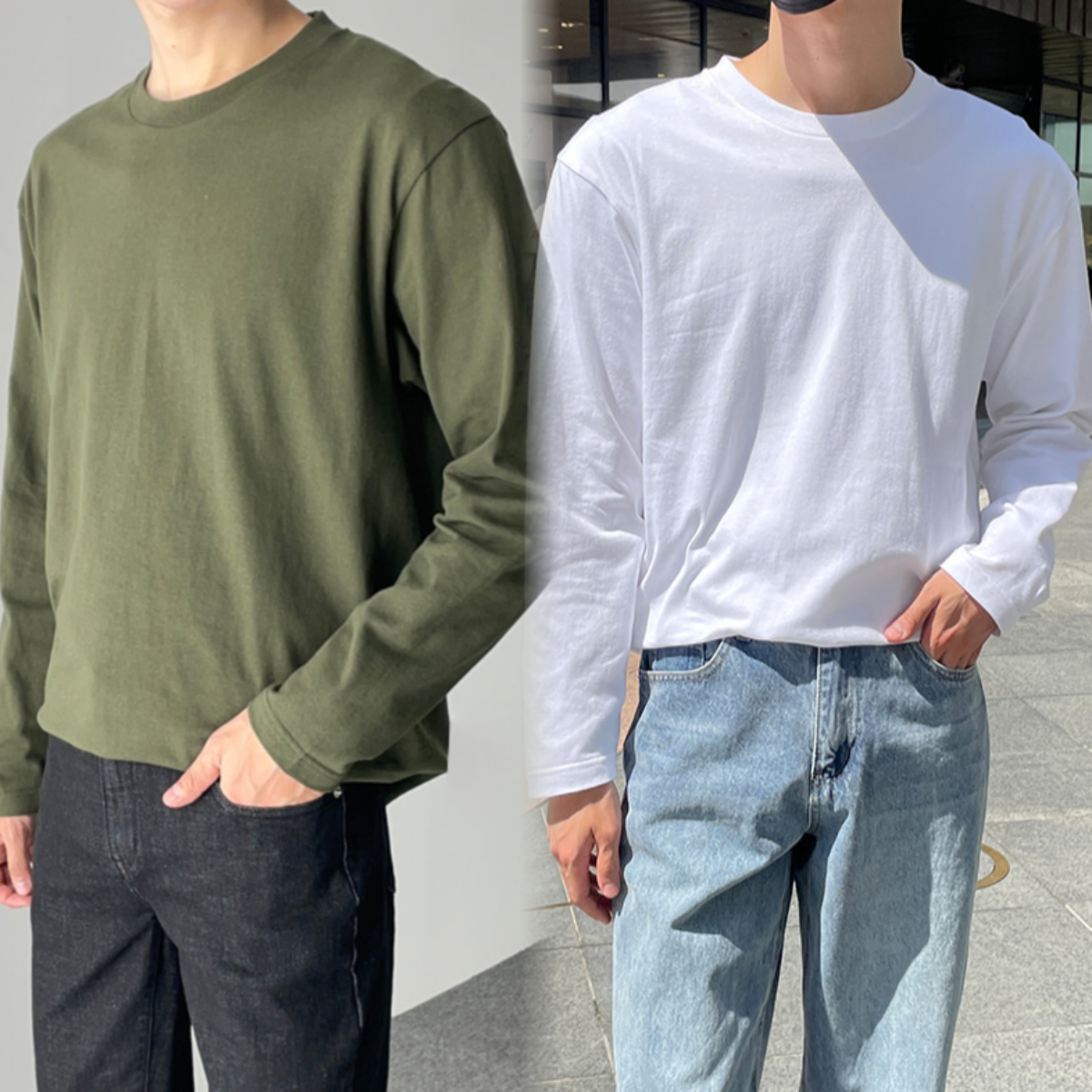 남자 퍼칼 봄 가을 레이어드겸용 무지 라운드 긴팔 티셔츠 8컬러 - 상품 이미지