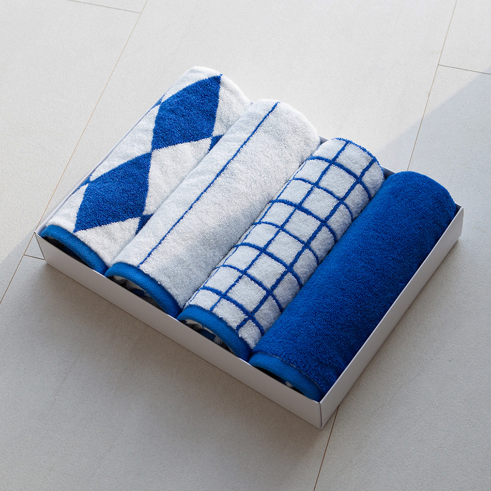 [4매세트] 블루 모달 호텔수건 200g 먼지없는 스트라이프 아가일 체스 고급수건세트