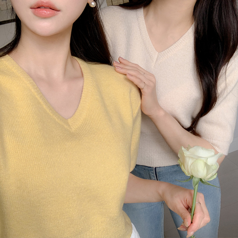 에뛰드 베이직 V넥 라운드넥 반팔 니트 nt4489 - 상세 이미지 4