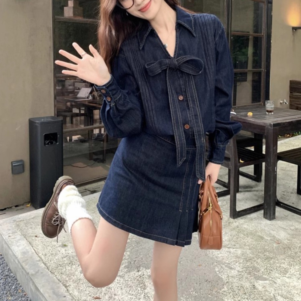 리본 데님 셔츠 브이넥 블라우스 청남방 타이리본 데일리 캐주얼 유니크 디자인 - 상품 이미지