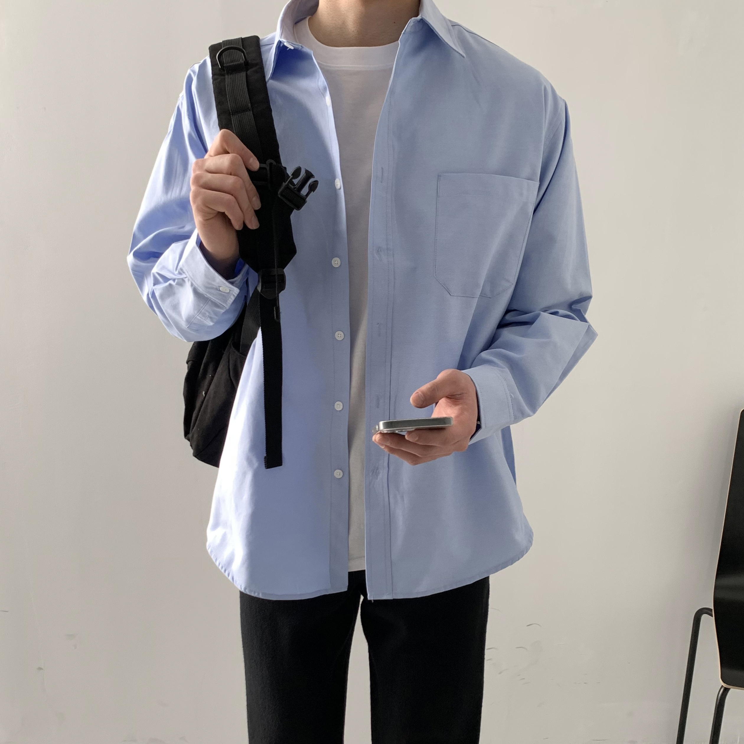 남자오버핏남방 옥스포드셔츠 남자하늘색셔츠 - 상품 이미지