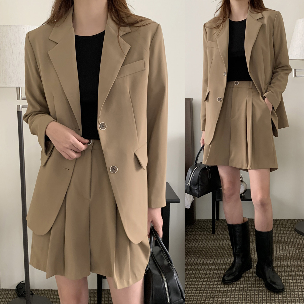 클래식 가을 여성정장 세트 밴딩 반바지 여자셋업수트 여자 세미 정장 투피스