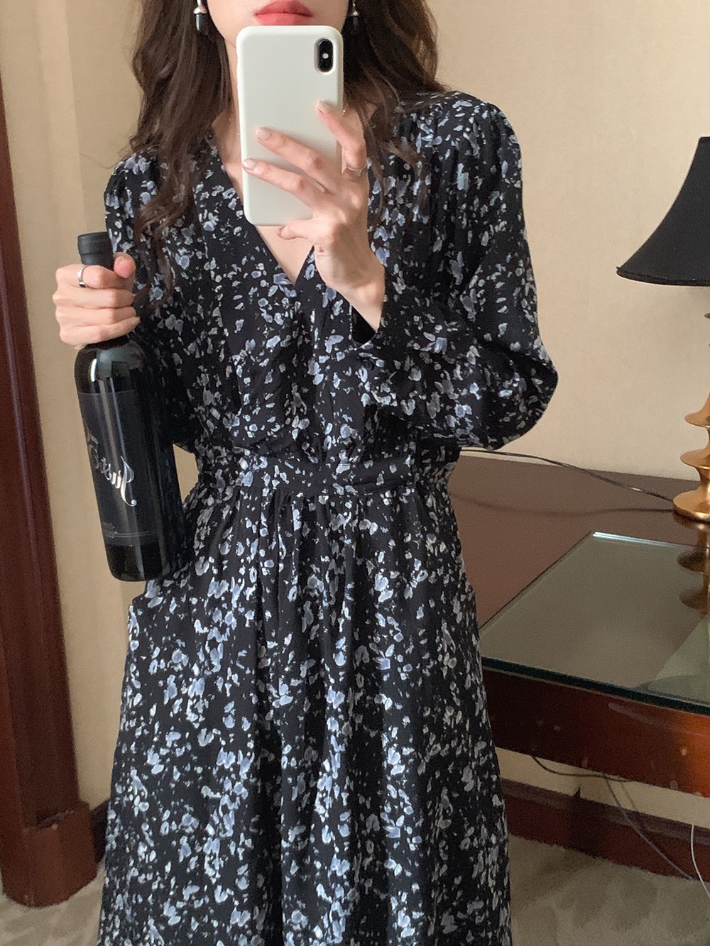 로즐리 봄 여성 플라워 꽃무늬 브이넥 플레어 허리 스트랩 하객룩 A라인 롱 원피스