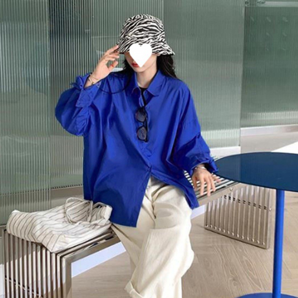 여자 셔츠 오버핏 여성 블루 파란 긴팔 봄 가을 여름 블라우스 기본 무지 데일리 시원한 - 상품 이미지