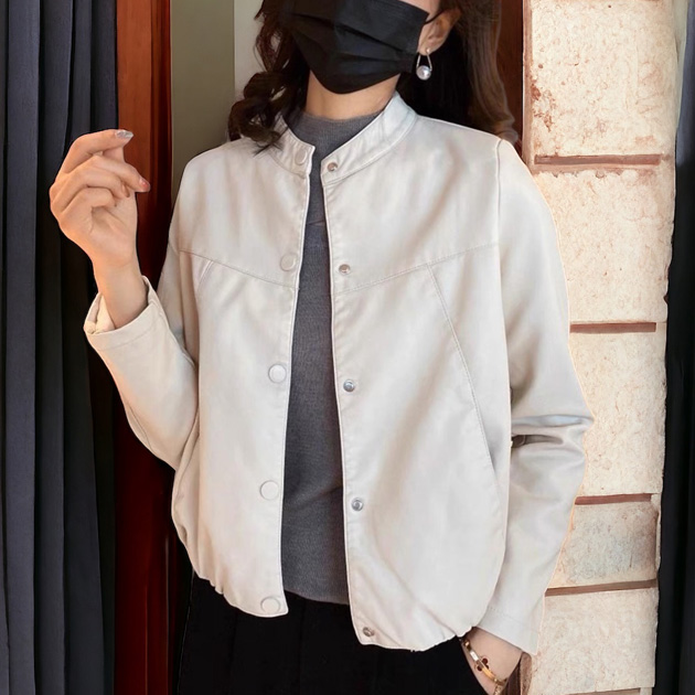 나비올라 라운드 카라 간절기 화이트 가죽 레더 자켓 40대여성의류 - 상품 이미지