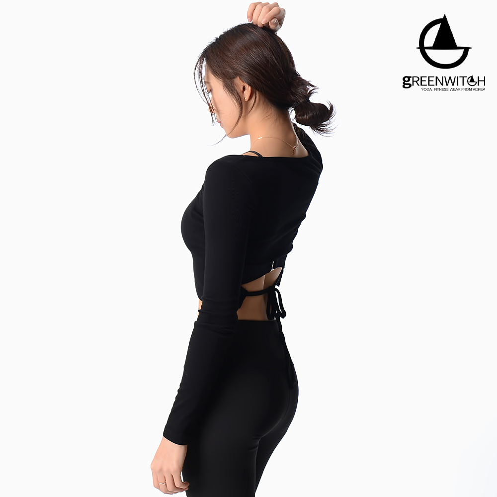 그린위치 리본트임 필라테스 크롭티셔츠 스퀘어넥 긴팔 요가복 - 상세 이미지 3