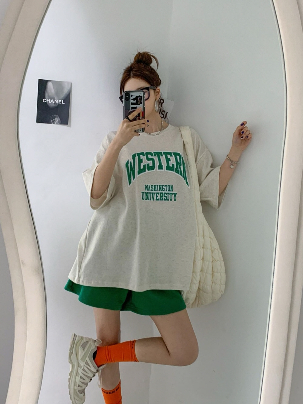 여름 여성 반팔티 빅사이즈 오버핏 웨스트 레터링 라운드 반팔 티셔츠 - 상세 이미지 3