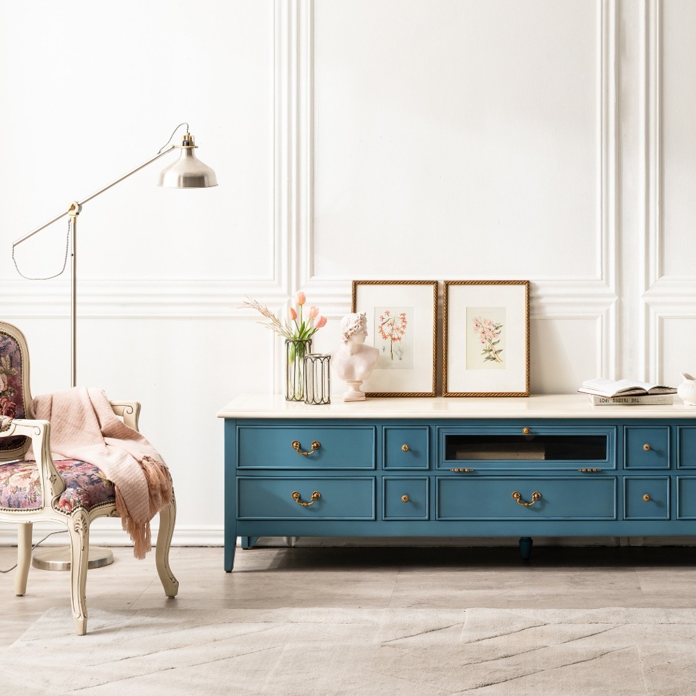 까사홈 디올 블루밍 엔틱 원목 유리수납 거실장2100