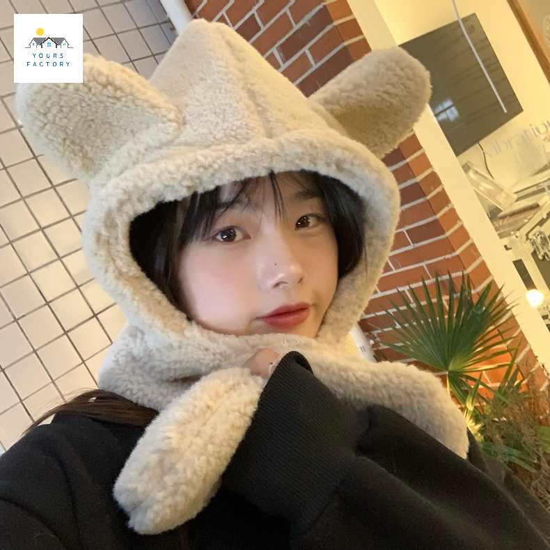 귀여운 모자 목도리 고양이귀 스카프 여성 올인 털모자 - 상세 이미지 3