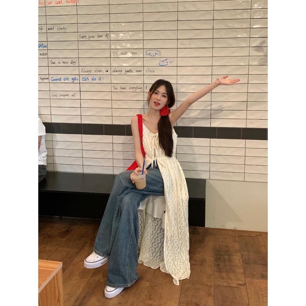 시스루 레이어드 원피스 슬릿 레이스 뷔스티에 끈나시 리본 커버업 휴양지 여행 해변 드레스 - 상세 이미지 4