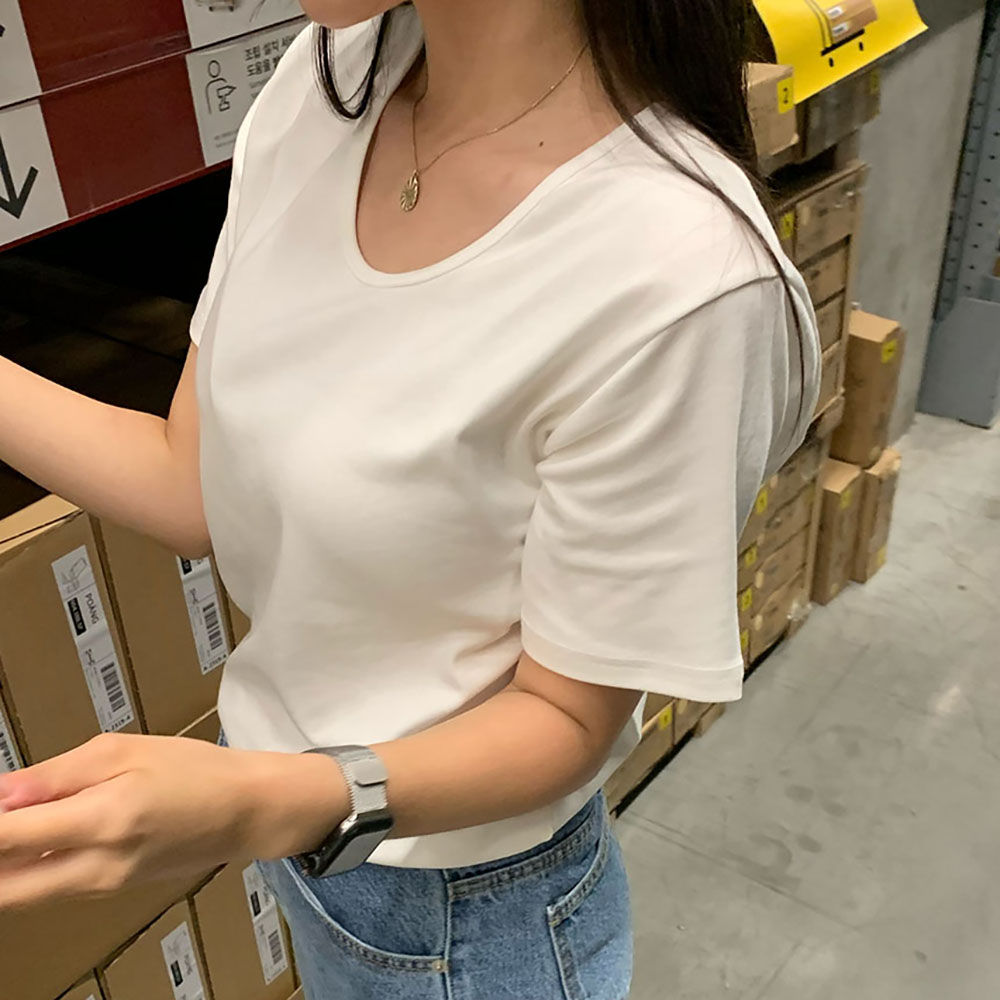 자체제작 비침없는 레이어드 모달 유넥 반팔 긴팔 티셔츠 기모 기본 이너 여성흰티 이미지 7