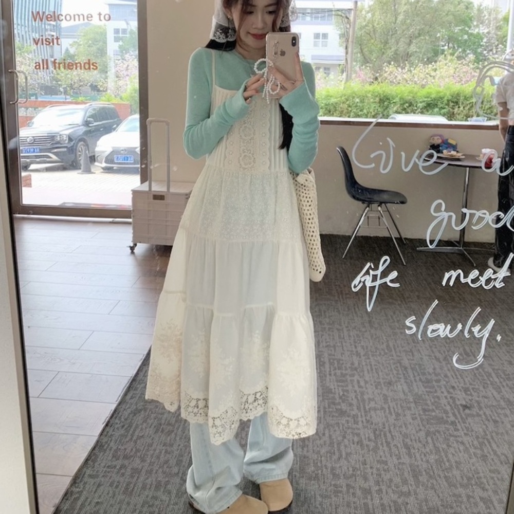 레이스 나시 원피스 시스루 레이어드 프렌치 감성 무드 여친룩 일본감성 휴양지 패션 코디 - 상품 이미지
