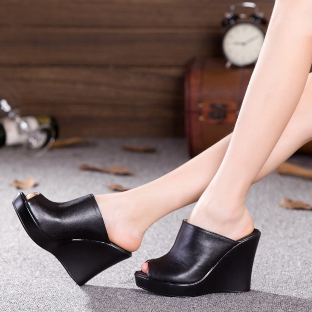 소가죽 플랫폼 힐 키높이 뮬 편한 토오픈 통굽 웨지힐 슬리퍼 블랙 사무실 8cm 10cm - 상품 이미지