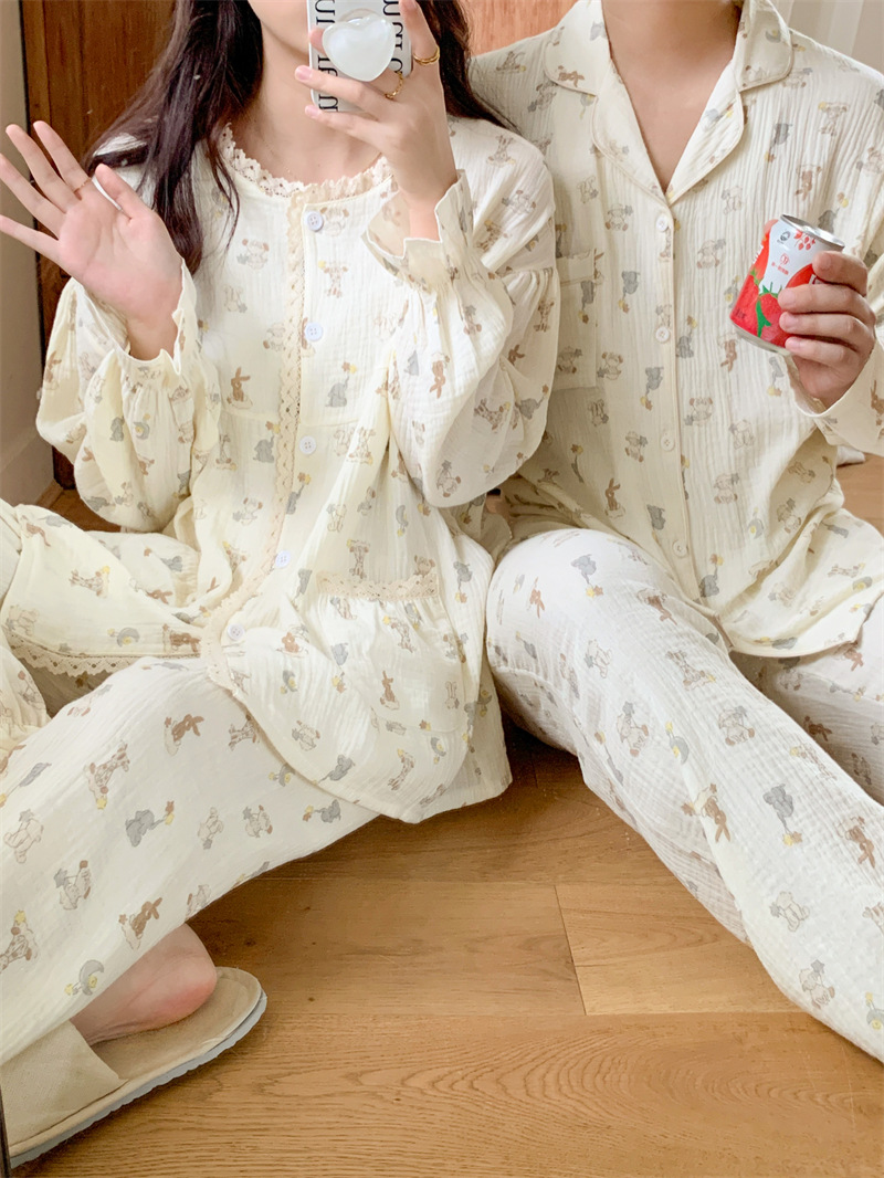 (커플잠옷)(슈린잠옷세트) 요루면 신혼 연인 긴팔 바지 투피스 봄 파자마 홈웨어 상세 이미지 9