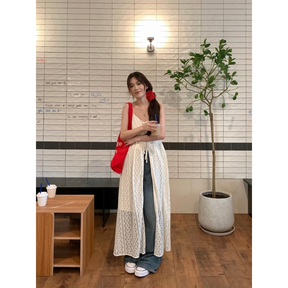 시스루 레이어드 원피스 슬릿 레이스 뷔스티에 끈나시 리본 커버업 휴양지 여행 해변 드레스 - 상세 이미지 5