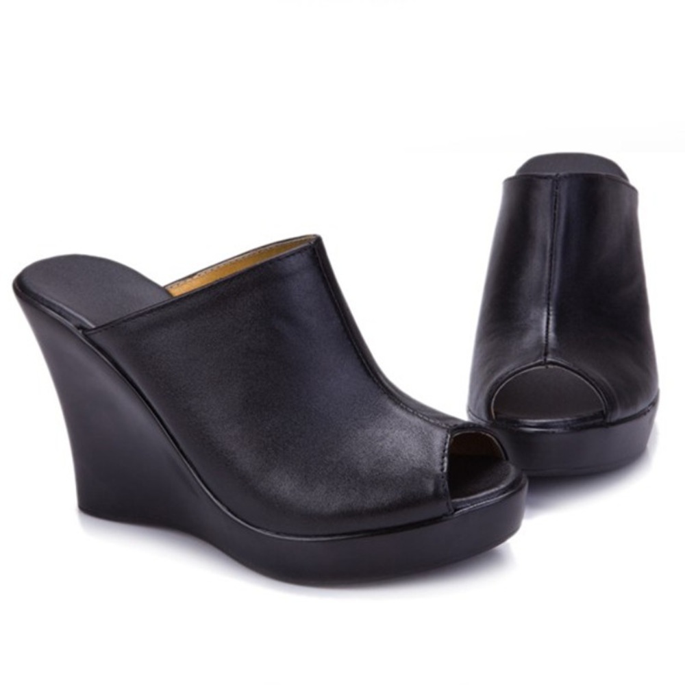 소가죽 플랫폼 힐 키높이 뮬 편한 토오픈 통굽 웨지힐 슬리퍼 블랙 사무실 8cm 10cm - 상세 이미지 3