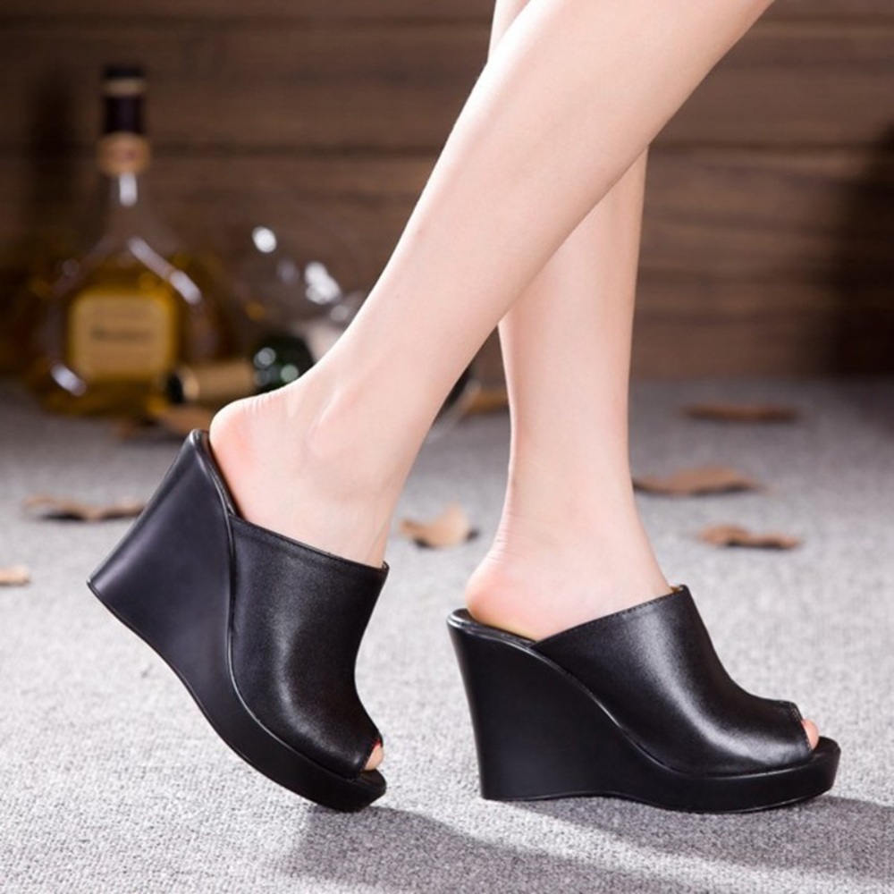 소가죽 플랫폼 힐 키높이 뮬 편한 토오픈 통굽 웨지힐 슬리퍼 블랙 사무실 8cm 10cm - 상세 이미지 2
