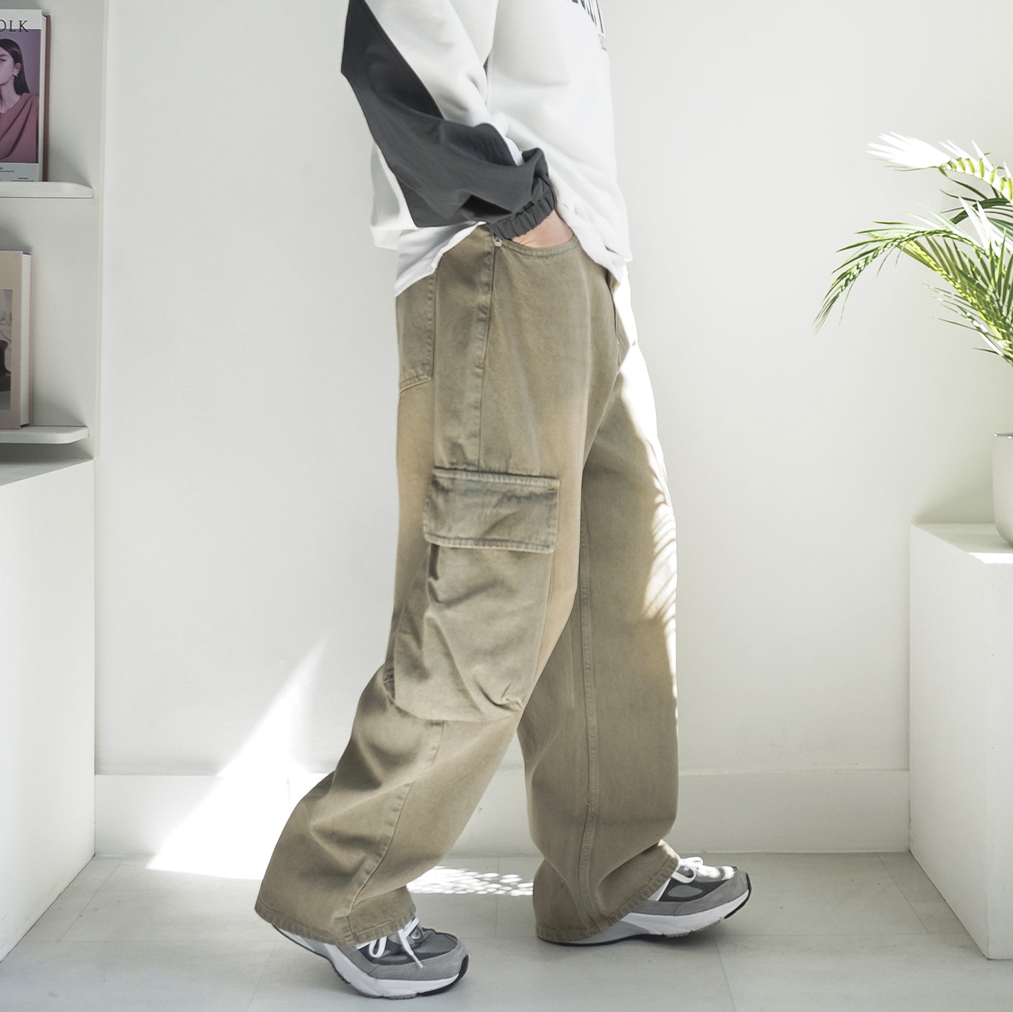S-2XL 머드틴 빈티지 샌드 워싱 와이드 카고 데님 팬츠 - 상세 이미지 4