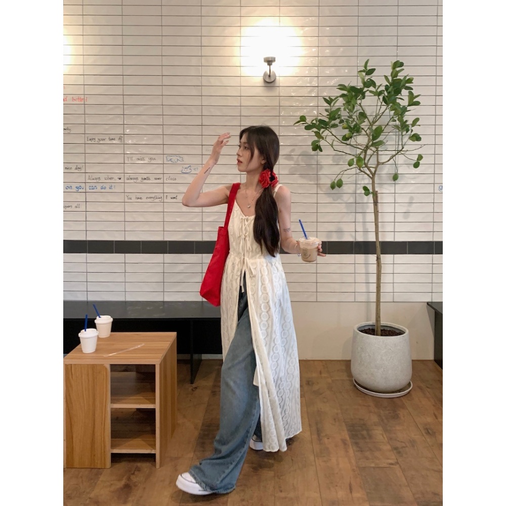 시스루 레이어드 원피스 슬릿 레이스 뷔스티에 끈나시 리본 커버업 휴양지 여행 해변 드레스 - 상세 이미지 3