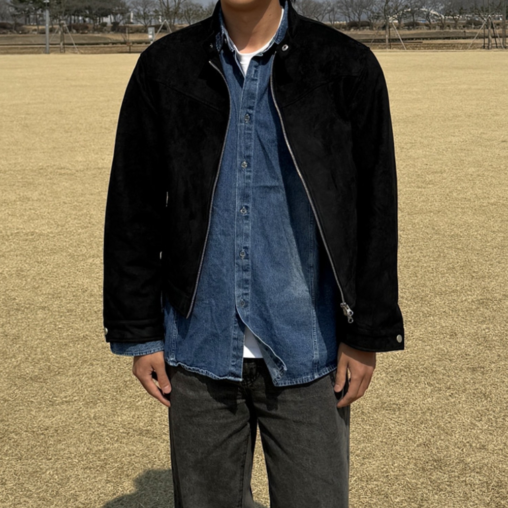 남자 러틀 오버핏 봄 가을 헨리넥 크롭 바이커 스웨이드 자켓 - 상세 이미지 2