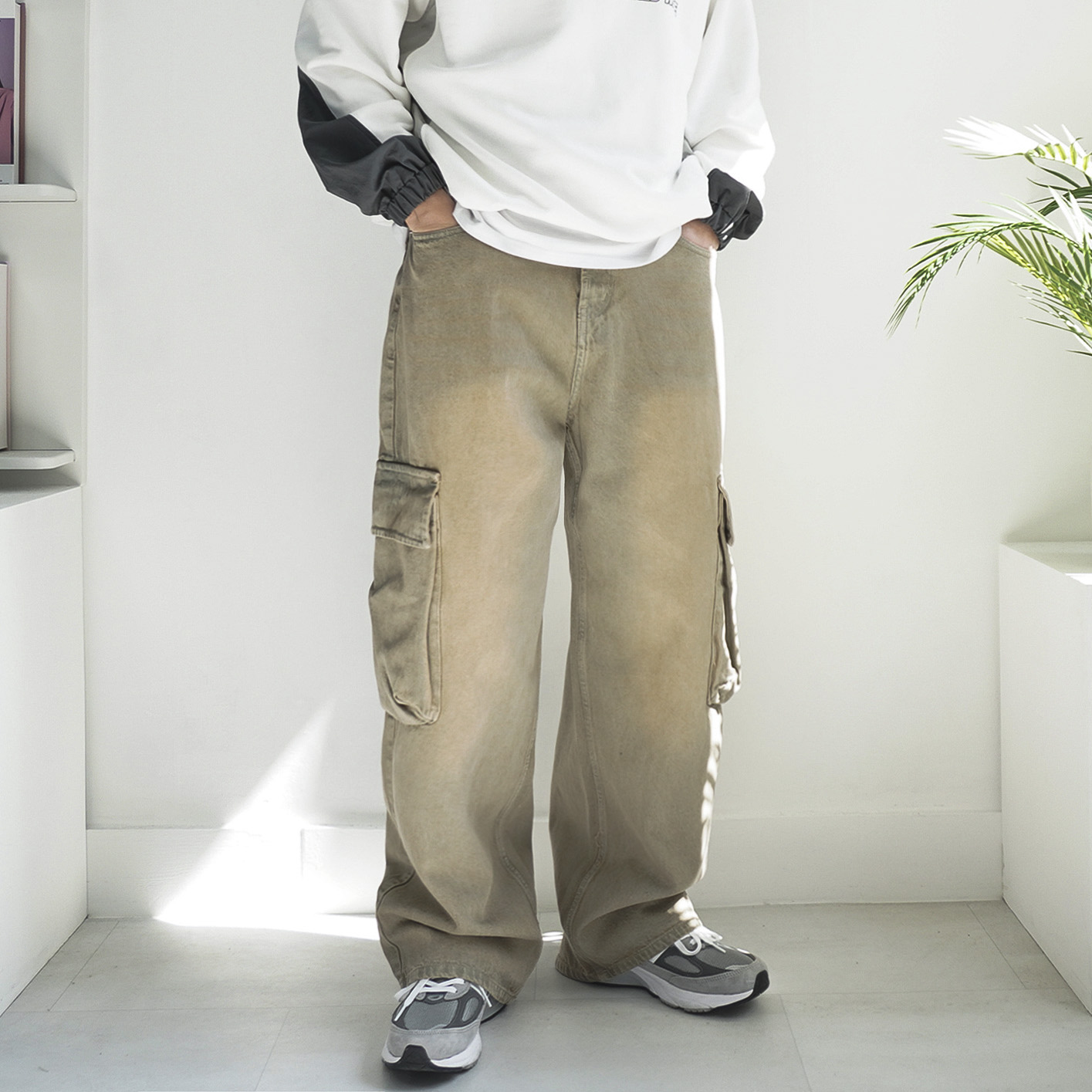 S-2XL 머드틴 빈티지 샌드 워싱 와이드 카고 데님 팬츠 - 상세 이미지 5