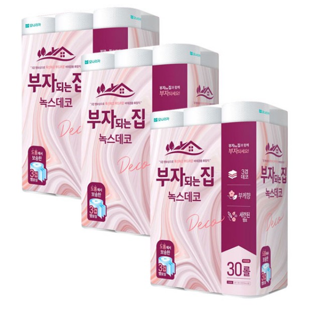 모나리자 부자되는집 녹스 데코 3겹 30mx30롤 3팩 두루마리 화장지 휴지 - 상품 이미지