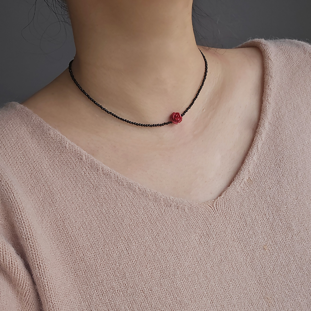 레드 블랙 로즈 장미 크리스탈 비즈 초커 써지컬스틸 목걸이 이미지 7