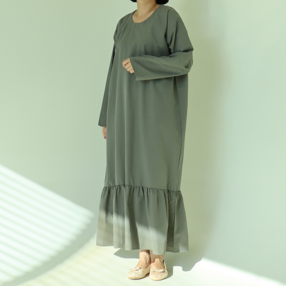 빅사이즈 자체제작 H라인 밑단 프릴 맥시 롱 원피스 긴팔 박시핏 하객 임산부 오피스 정장