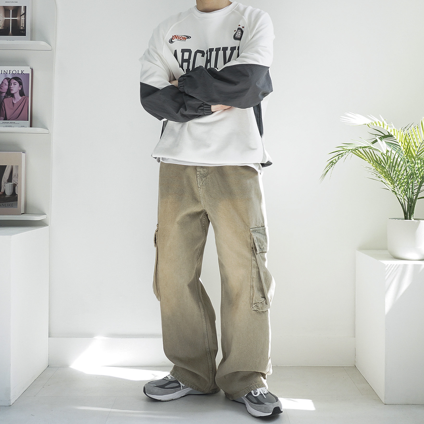 S-2XL 머드틴 빈티지 샌드 워싱 와이드 카고 데님 팬츠 이미지 6