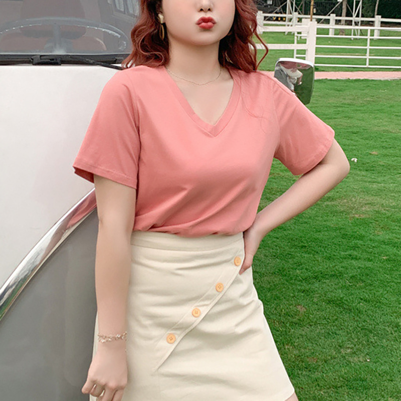 빅사이즈 브이넥 반팔 여자티셔츠 상의 데일리코디 - 상세 이미지 2