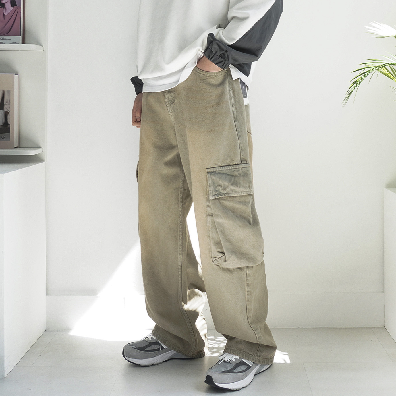 S-2XL 머드틴 빈티지 샌드 워싱 와이드 카고 데님 팬츠 - 상품 이미지