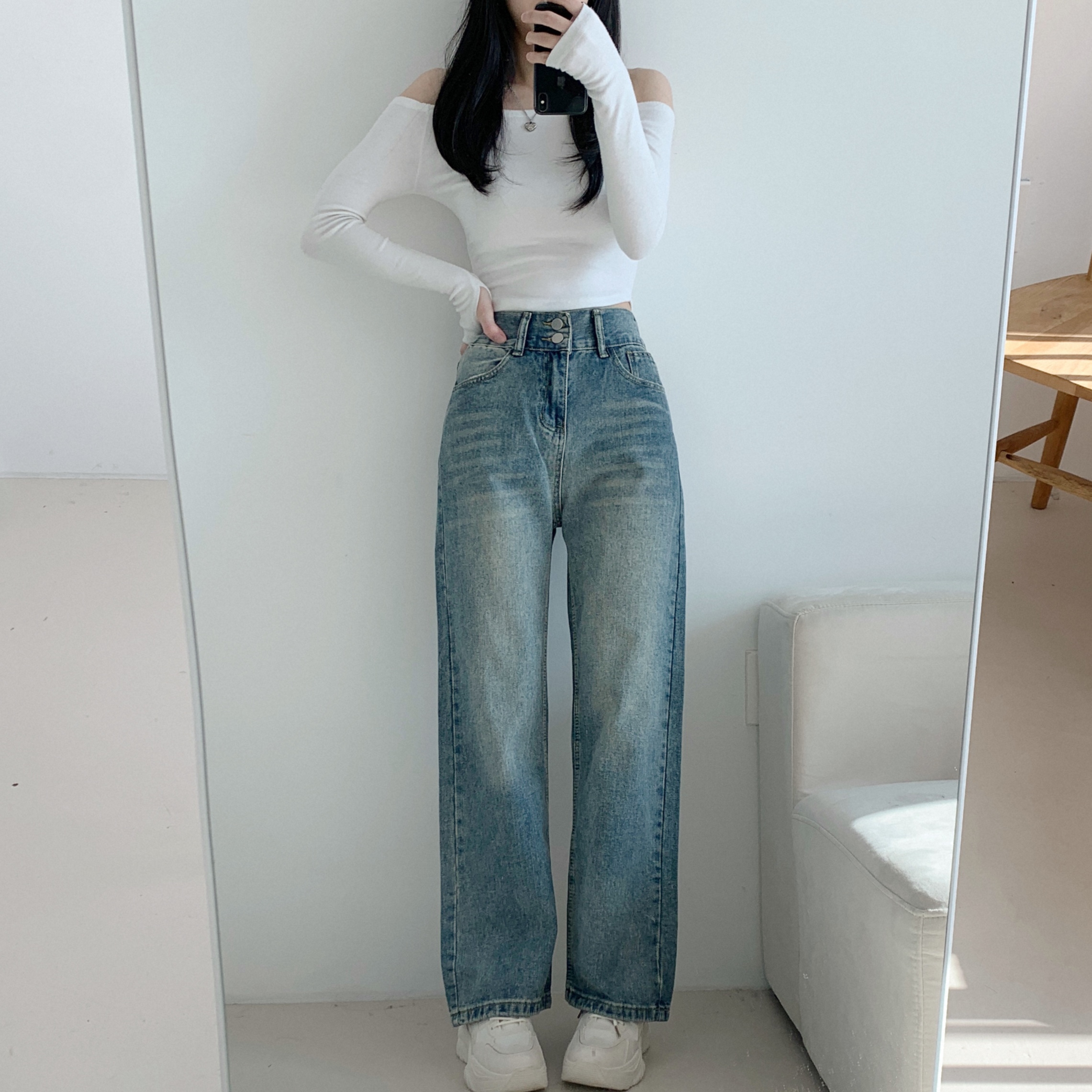 여성 사계절 세미와이드 청바지 허리밴딩 하이웨스트 청바지 이미지 6