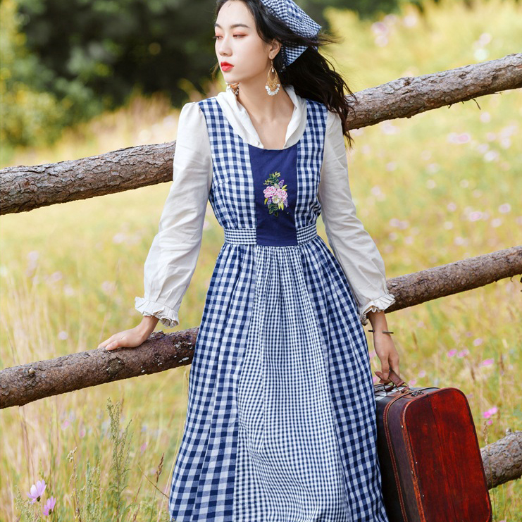 졸업사진컨셉 체크 목장 하이디 블루 원피스 - 상품 이미지