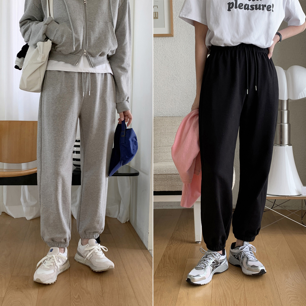 하이웨스트 투웨이 코튼 여성 조거팬츠 세미 밴딩 와이드팬츠 여자 트레이닝 통바지 봄바지 - 상품 이미지
