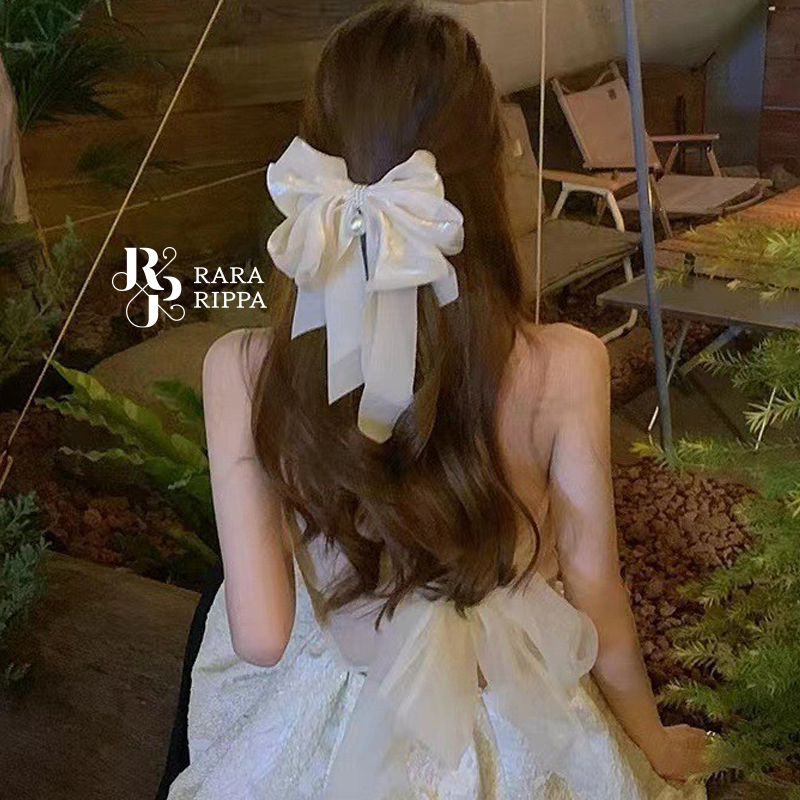 풍성 리본 롱 머리핀 헤어 화이트 핑크 진주 - 상품 이미지