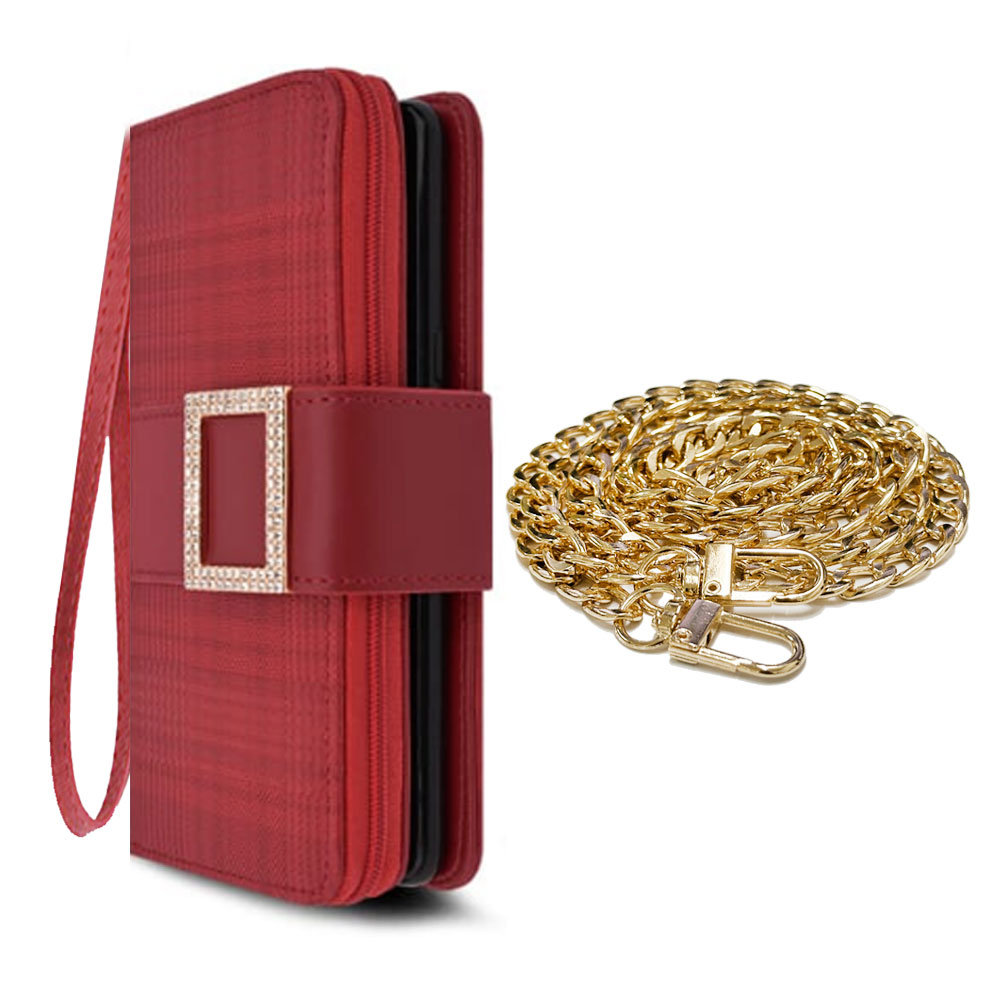 S큐빅 롱스트랩 지갑 다이어리 케이스 레드, 갤럭시S10 플러스 - 상품 이미지