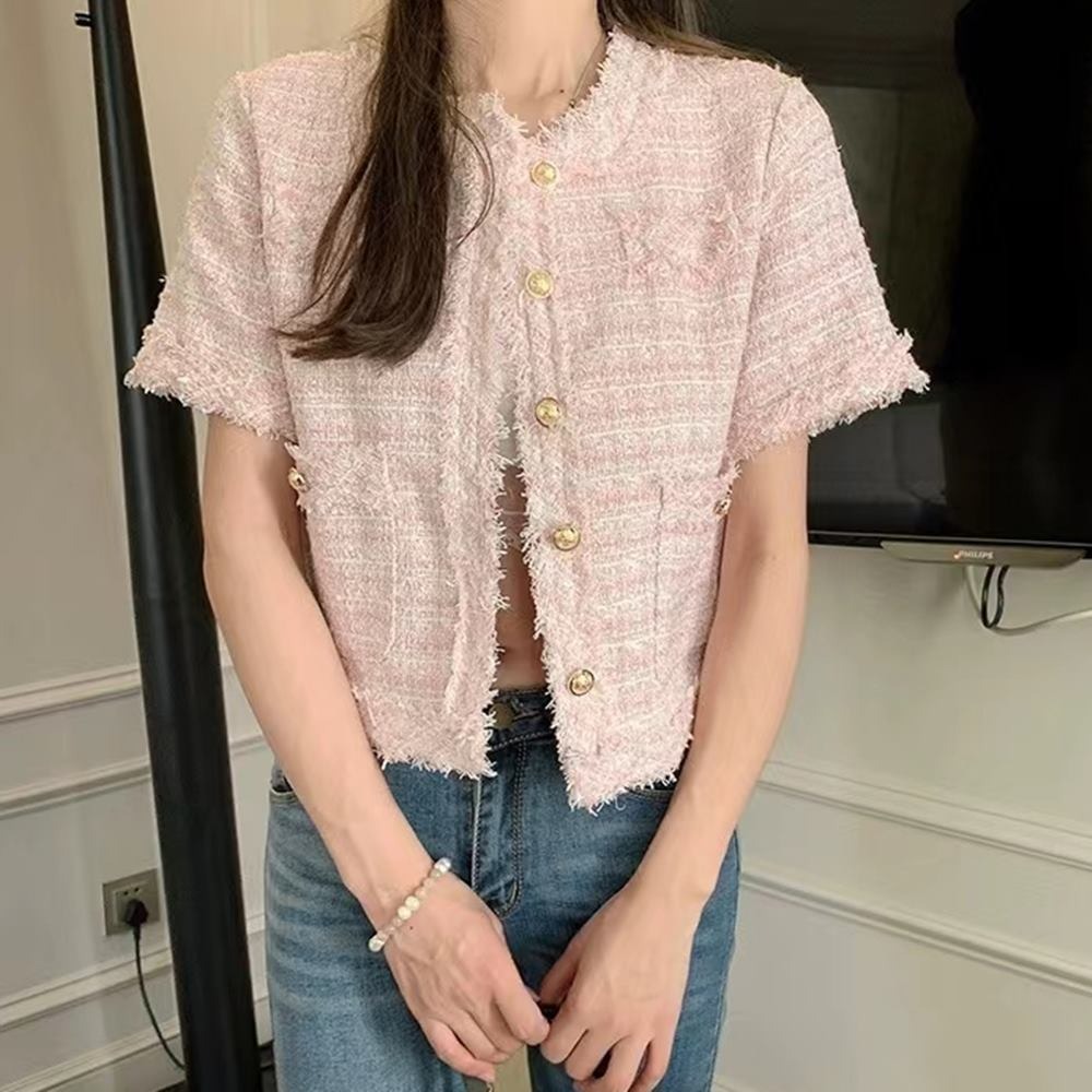 반팔 트위드 자켓 봄 여름 노카라