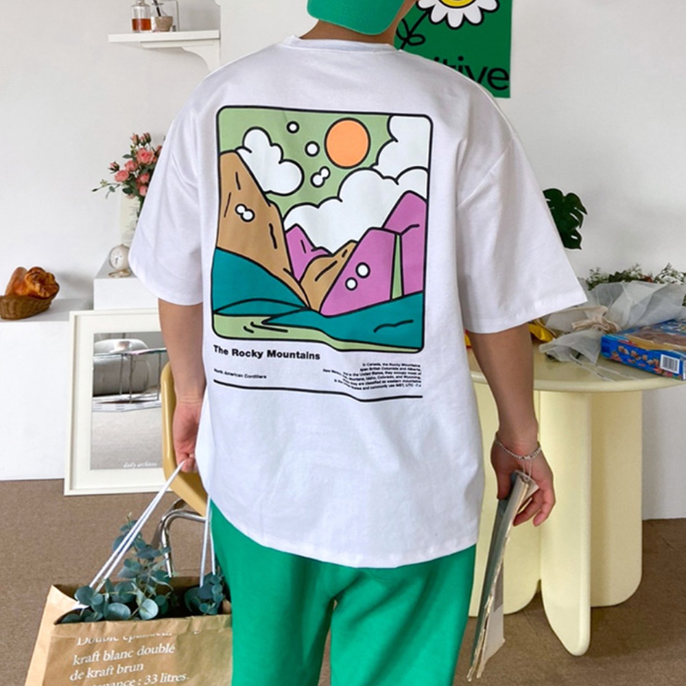 남자 산맥 오버핏 여름 아이스 분또 면 프린팅 반팔 티셔츠 - 상세 이미지 2